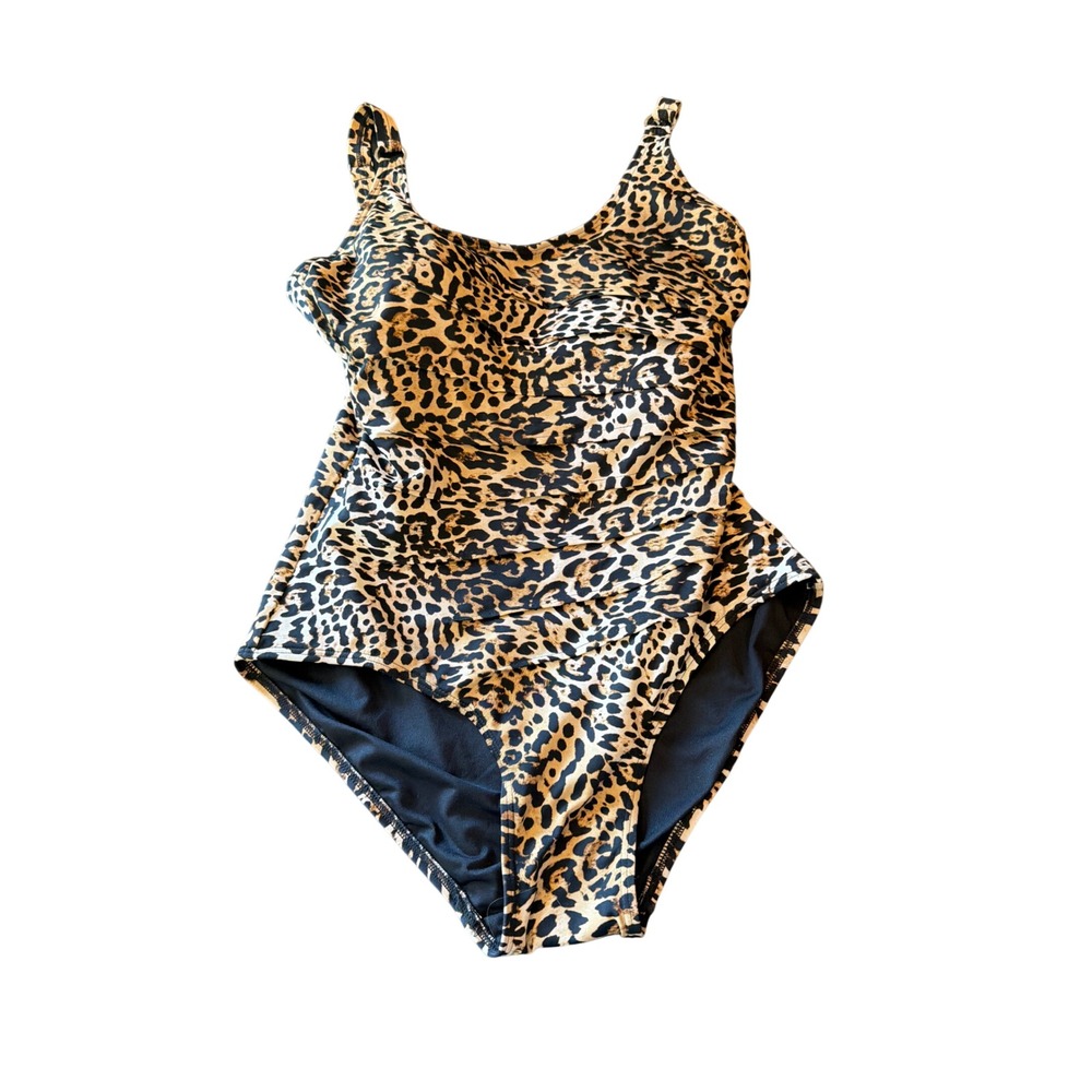 Calvin Klein One Piece Swimsuit Leopard Tan Black Ruched Front Scoop Neck 16